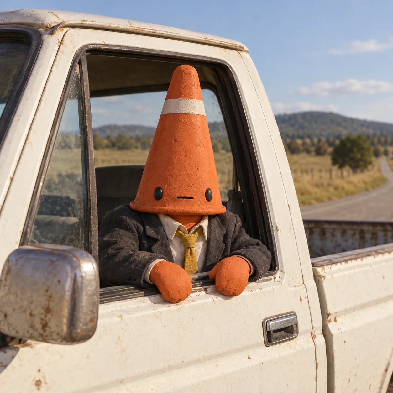 AI meme artwork: an original traffic-cone-headed clay office worker leaning from a pickup window