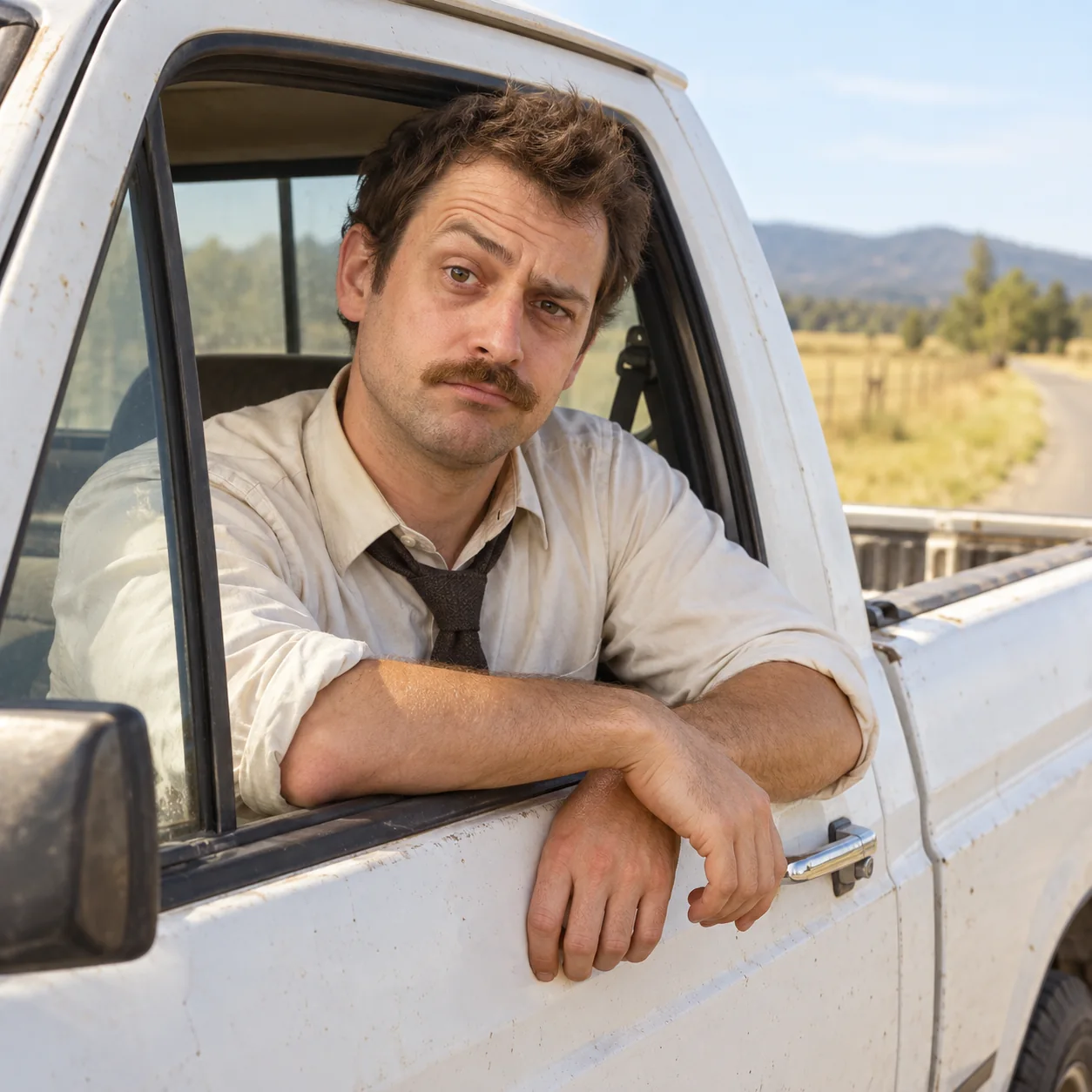 AI meme artwork: a fictional adult office worker giving a deadpan look from a white pickup
