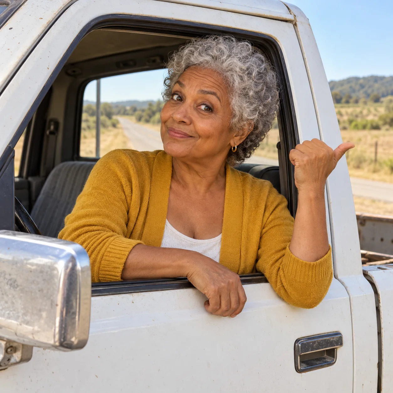 AI meme artwork: a fictional silver-haired adult woman smiling knowingly and gesturing over her shoulder